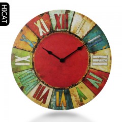 国产 欧式客厅挂钟圆形简约卧室仿木质地中海装饰复古静音机芯挂钟表