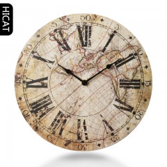 国产 欧式客厅挂钟圆形简约卧室仿木质地中海装饰复古静音机芯挂钟表