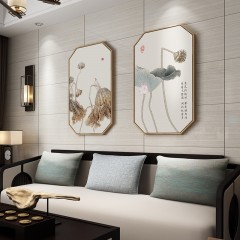 国产 荷花禅意八边形挂画新中式卧室书房客厅装饰画玄关壁画竖版中国风