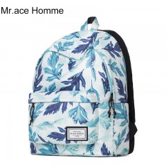Mr.ace Homme韩版双肩包女清新树叶印花书包大容量防水旅行背包男