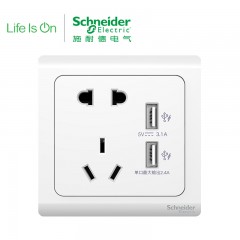 施耐德 开关插座 面板 10A五孔插座带双USB充电插座3.1A 轻逸白