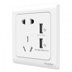 施耐德 开关插座 面板 10A五孔插座带双USB充电插座3.1A 轻逸白