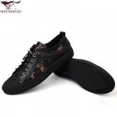 七匹狼 男鞋新款头层牛皮配织物时尚潮流休闲平底系带男士布鞋子