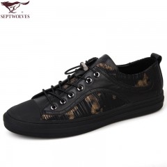 七匹狼 男鞋新款头层牛皮配织物时尚潮流休闲平底系带男士布鞋子