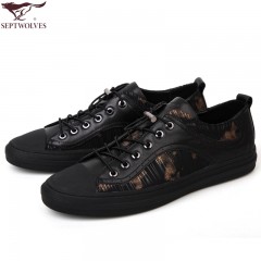 七匹狼 男鞋新款头层牛皮配织物时尚潮流休闲平底系带男士布鞋子