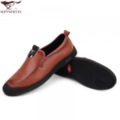 七匹狼 新品头层牛皮真皮皮革日常休闲套脚软底男士皮鞋子
