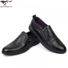 七匹狼 男鞋头层牛皮防褶皱设计男士时尚休闲黑色套脚真皮皮鞋