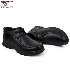 七匹狼 棉鞋冬季高帮保暖头层牛皮商务休闲真皮毛皮鞋子长毛绒