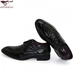 七匹狼 男鞋新款头层牛皮鳄鱼皮纹男士正装真皮系带皮鞋子