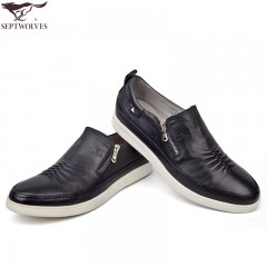 七匹狼 男鞋头层牛皮时尚白底套脚防褶皱男士休闲真皮皮鞋