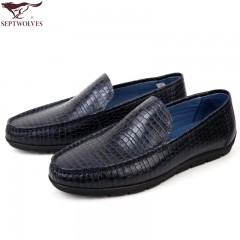 七匹狼 男鞋压花格纹头层牛皮男士套脚时尚商务休闲 舒适耐磨