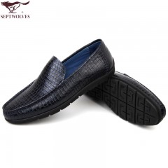 七匹狼 男鞋压花格纹头层牛皮男士套脚时尚商务休闲 舒适耐磨