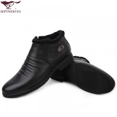 七匹狼 男鞋冬季新款头层牛皮加绒保暖商务正装男士毛皮鞋棉鞋
