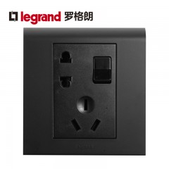 罗格朗 黑色墙壁86型二三插一开五孔带开关插座面板家用多孔插座