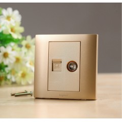 罗格朗 香槟金电视电脑插座86型网络+有线电视插座面板宽带金色