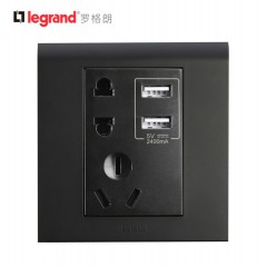 罗格朗 K5黑色五孔带USB开关插座面板86型墙壁充电双口家用