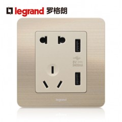 罗格朗 逸典金色五孔带USB开关插座面板86型墙壁充电双口家用
