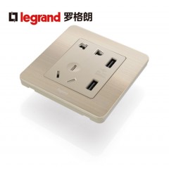罗格朗 逸典金色五孔带USB开关插座面板86型墙壁充电双口家用