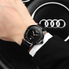 冠琴 手表男士超薄真皮钢带石英表 情侣时尚女表防水夜光男表