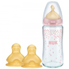 NUK 宽口径240ML玻璃奶瓶1号+1卡（0-6个月中圆孔）乳胶奶嘴套装