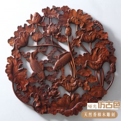 国产 木雕挂件 香樟木头雕刻画工艺品中式客厅实木质艺术年年有余