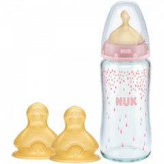 NUK 宽口径240ML玻璃奶瓶1号+1卡（0-6个月中圆孔）乳胶奶嘴套装