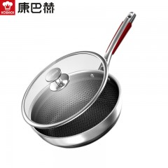 康巴赫 炒锅煎炒锅蜂窝煎炒两用锅316L不锈钢28cm平底炒锅深煎锅少油烟 双面花纹28cm煎炒两用+钢铲 单位：套