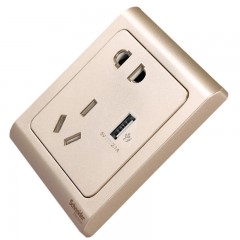施耐德 开关插座面板轻逸金10A电源带开关插座 带2.1A USB插座