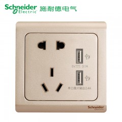施耐德 开关插座 面板 轻逸金色 10A五孔电源带开关插座 带双USB