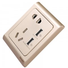 施耐德 开关插座 面板 轻逸金色 10A五孔电源带开关插座 带双USB