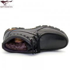 七匹狼 棉鞋冬季头层牛皮男士工装加绒保暖高帮真皮毛皮鞋