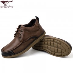 七匹狼 棉鞋冬季新款头层牛皮卡其男士复古工装加绒保暖高帮真皮鞋
