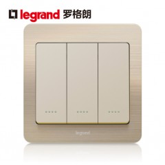 罗格朗 开关面板三开双控开关带荧光 细金纹3开双控面板带荧光