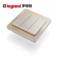罗格朗 开关面板三开双控开关带荧光 细金纹3开双控面板带荧光