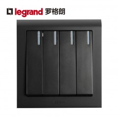 罗格朗 黑色家用四开双控带LED指示灯4开四位四联双控开关面板