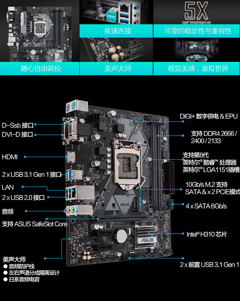 华硕primeh310mar20电脑台式机游戏办公主板用1151针cpu兼容8100h310m